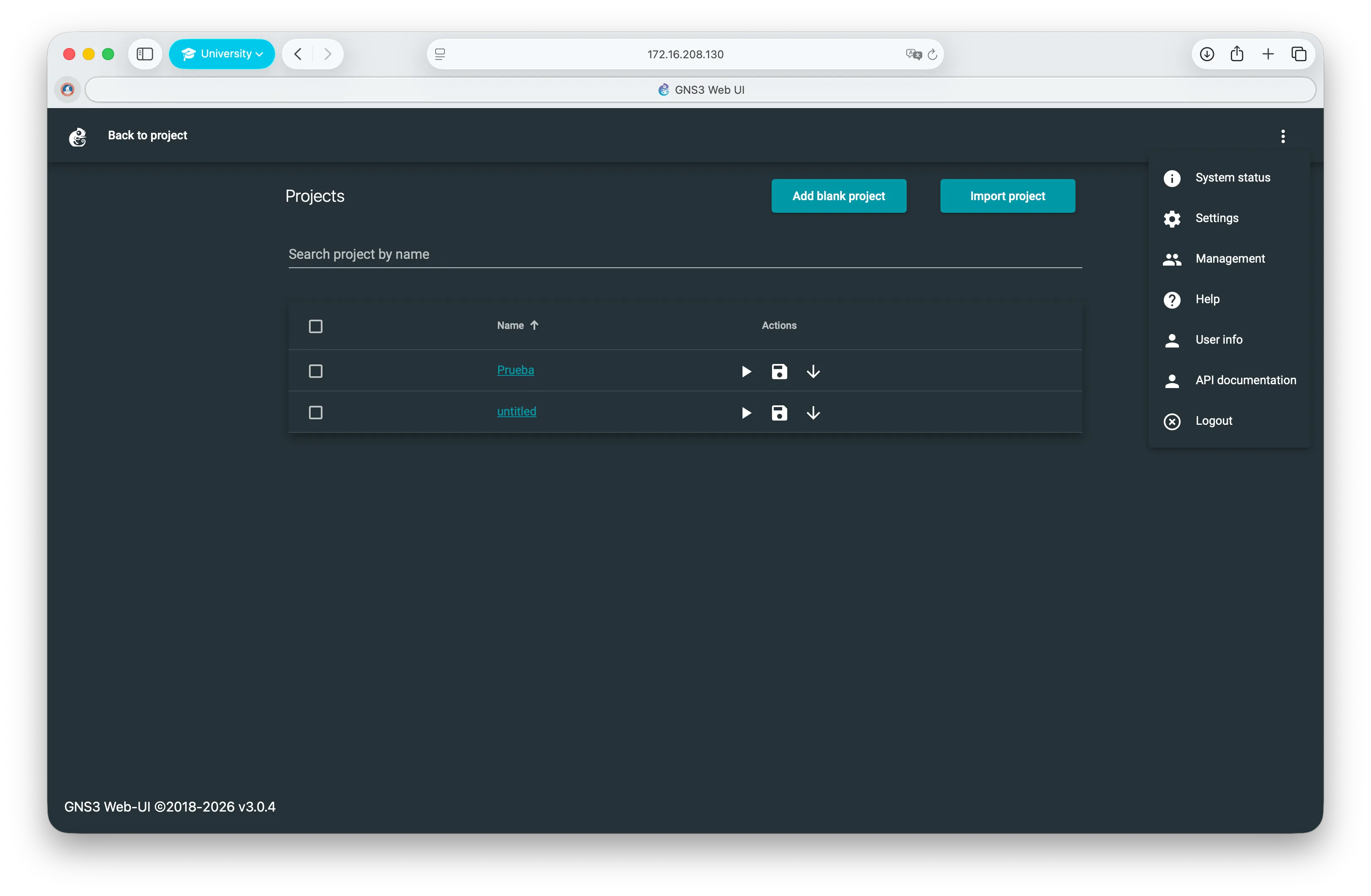 Three-dots menu in the GNS3 web interface