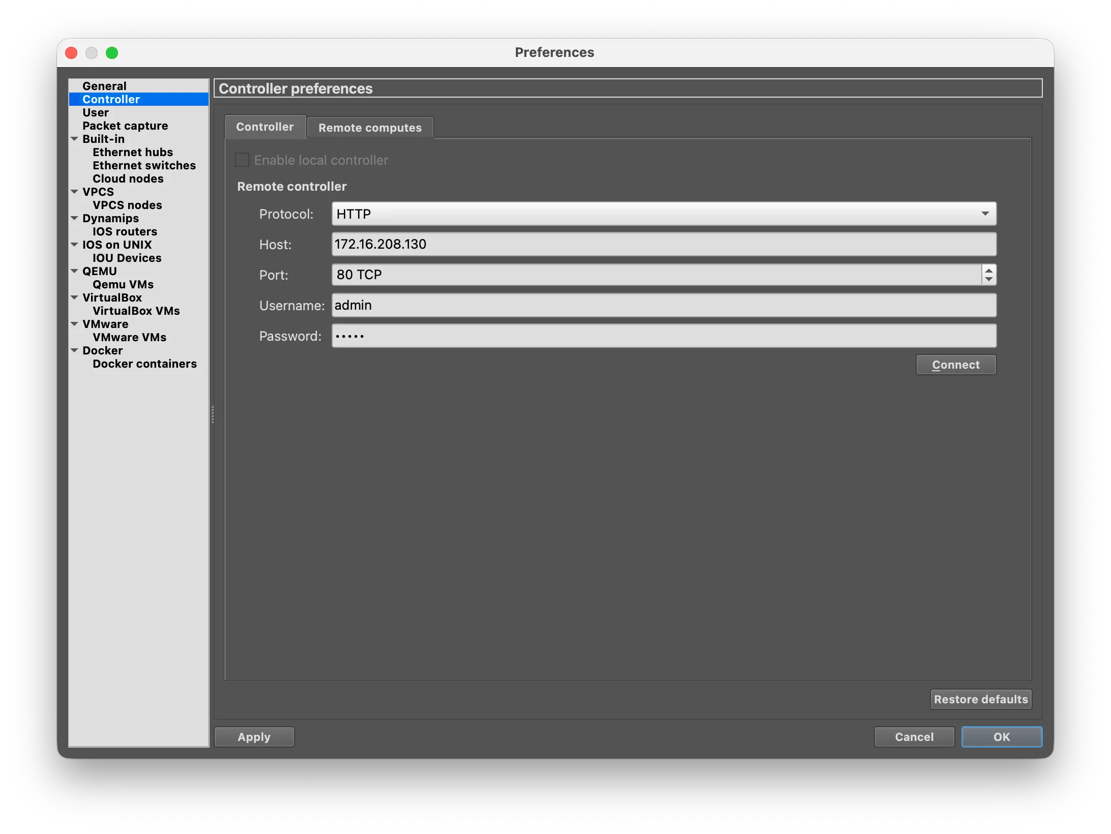 GNS3 Server Preferences panel showing the GNS3 VM configuration