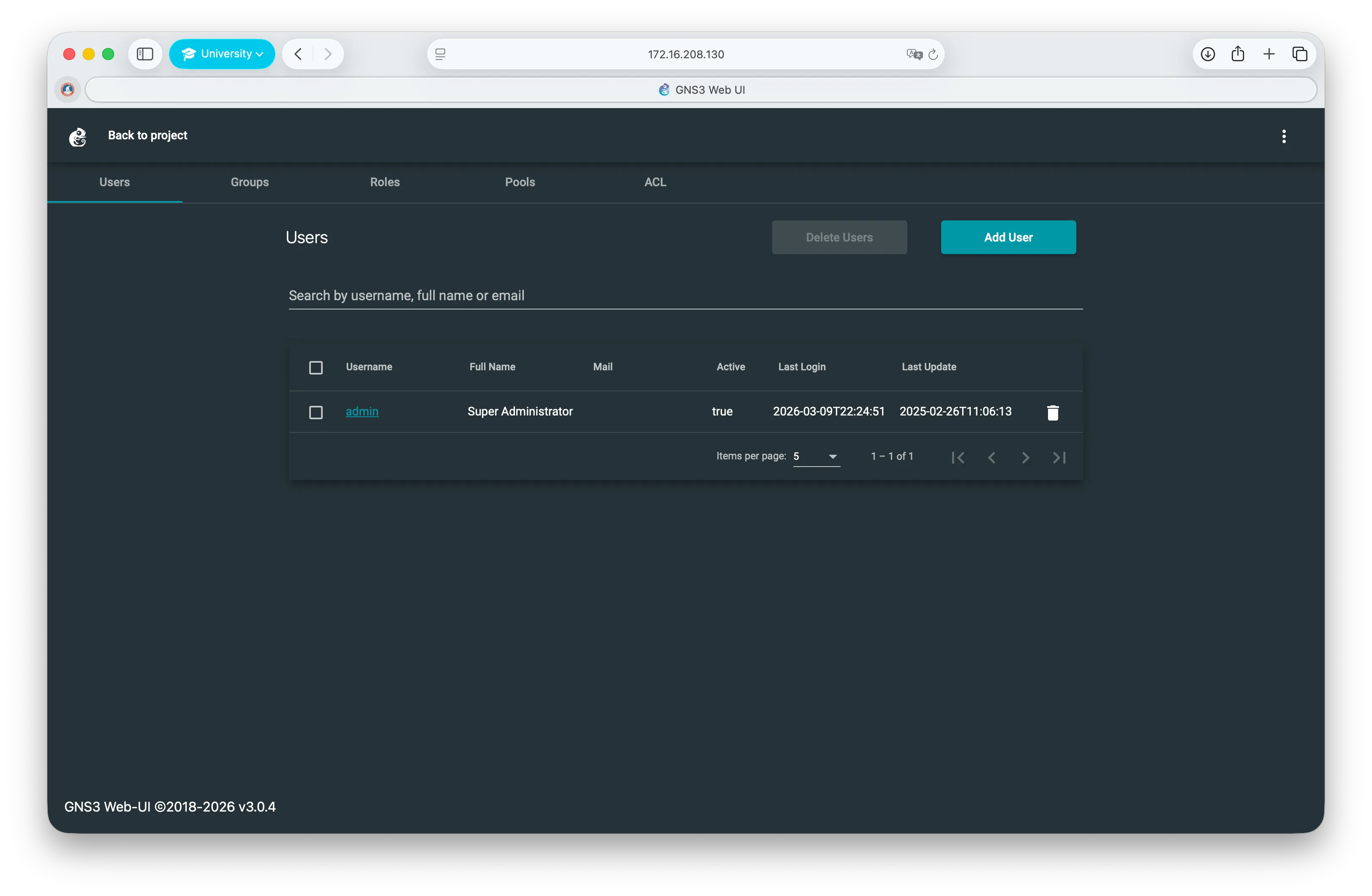 User list in GNS3 web interface