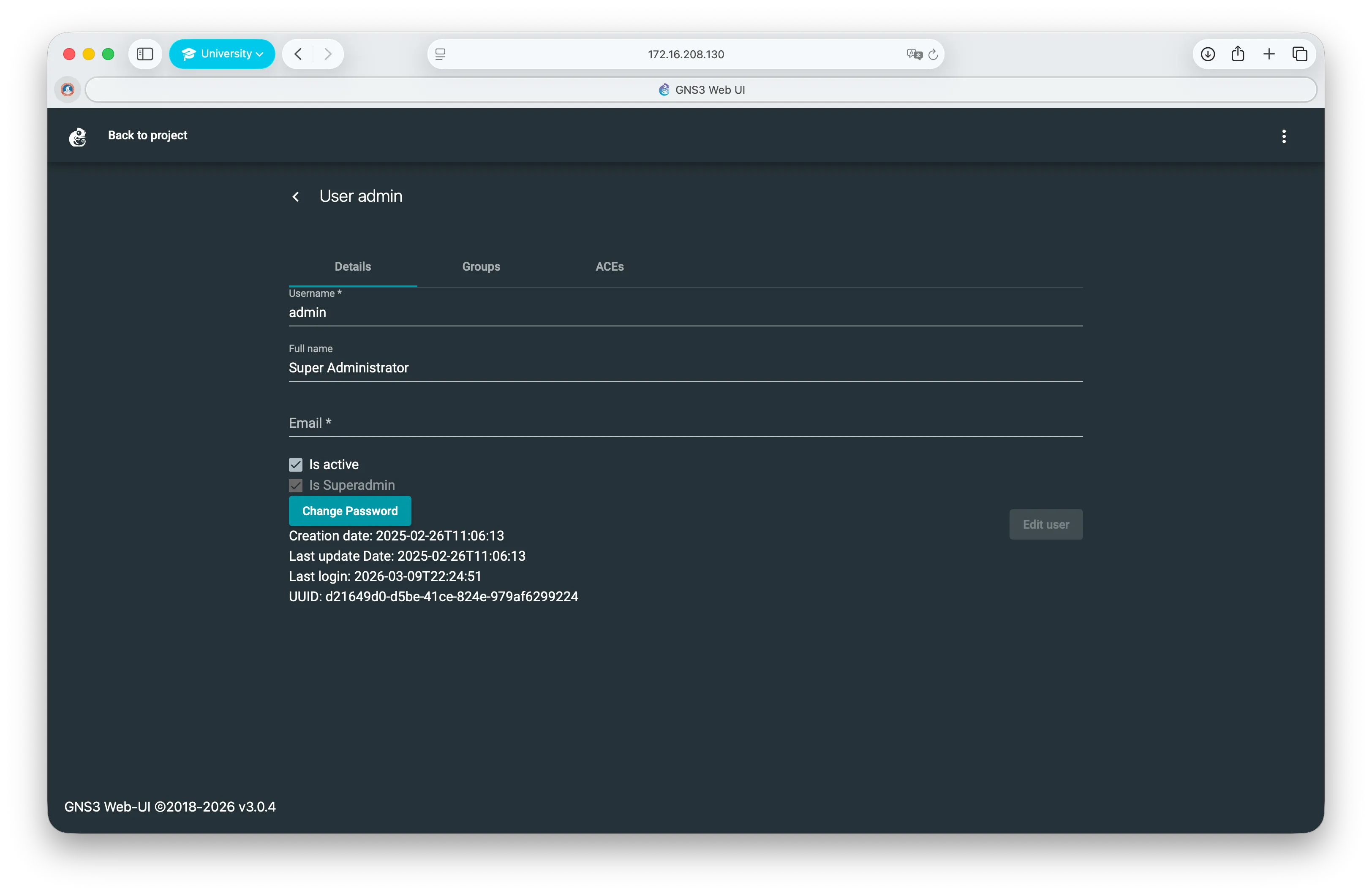 Admin user settings form in GNS3 web interface